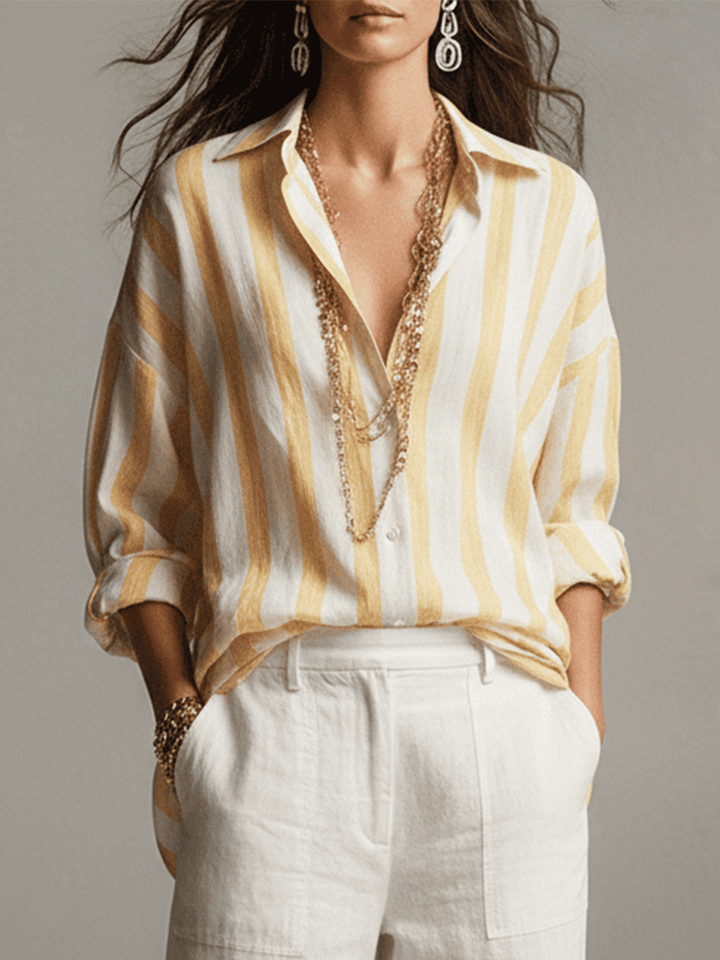 Versatile women's striped button-front long sleeve shirt, perfect for smart casual outfits and comfort.