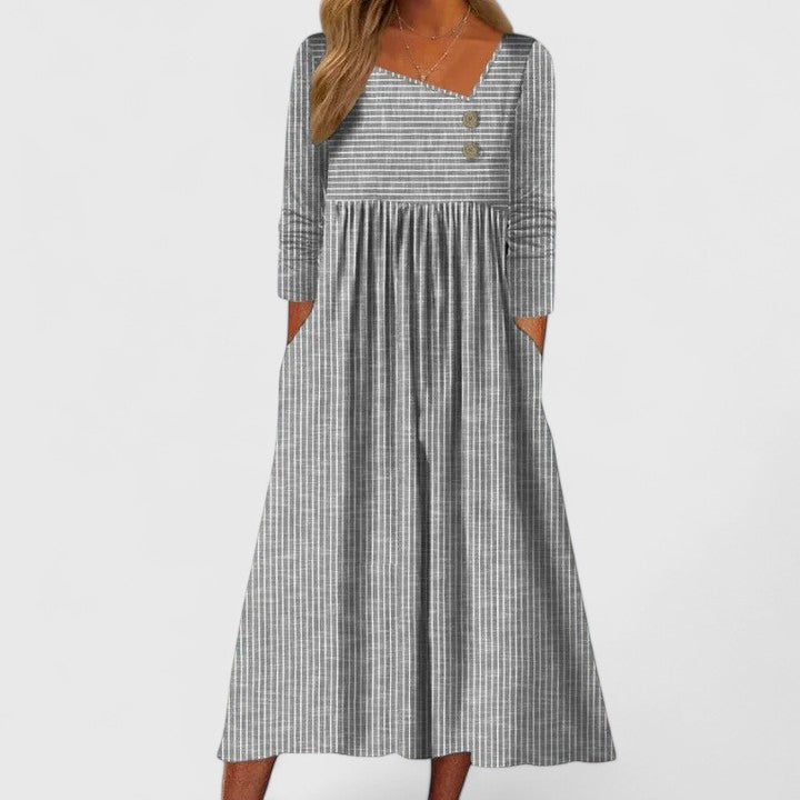 Women's striped long sleeve midi dress with stylish button detail, A-line cut, perfect for casual everyday wear.