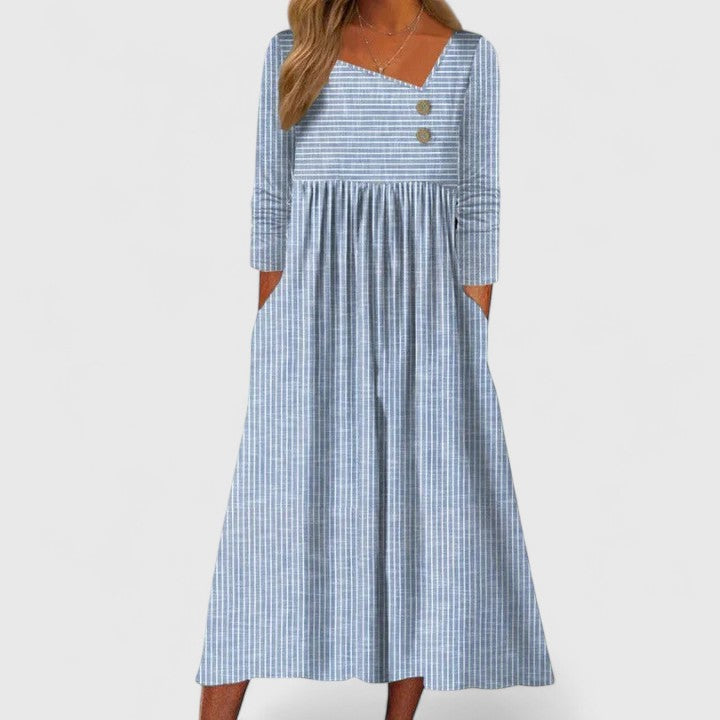 Versatile women's A-line striped long sleeve midi dress, chic button details, ideal for casual and everyday style.