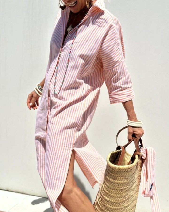 Elegant women's striped midi shirt dress, versatile button-down for day or casual summer fashion.