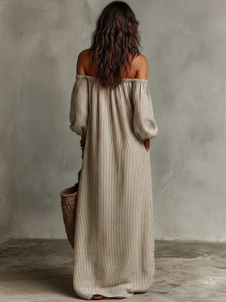 Bohemian striped off-shoulder maxi dress for women, ideal for vacation, summer, or everyday chic.