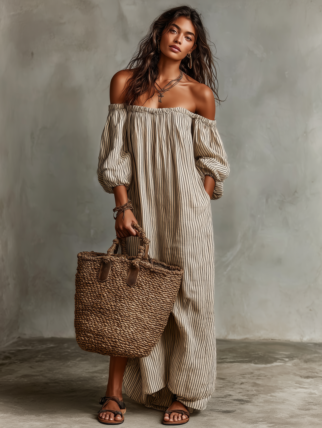 Casual striped off-shoulder maxi dress with puff sleeves for women, versatile for beach, travel, and daywear.