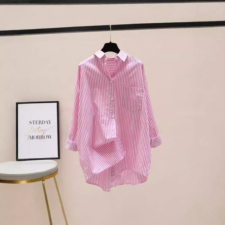 Preppy women's striped longline shirt with chest pocket, oversized button-down for versatile casual fashion.