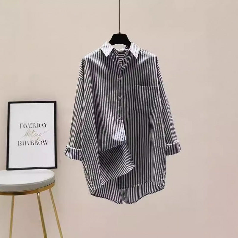 Relaxed fit women's oversized striped shirt, button down longline for comfortable spring & summer casual wear.