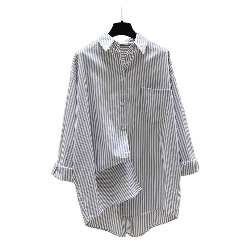 Women's striped oversized longline button-down shirt, relaxed fit, ideal for versatile summer and spring fashion.