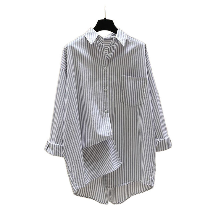 Women's striped oversized longline button-down shirt, relaxed fit, ideal for versatile summer and spring fashion.