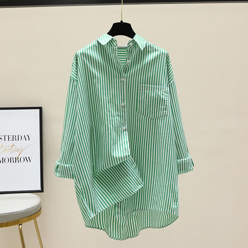 Versatile women's striped button-down longline shirt, oversized and relaxed fit for chic casual spring/summer style.