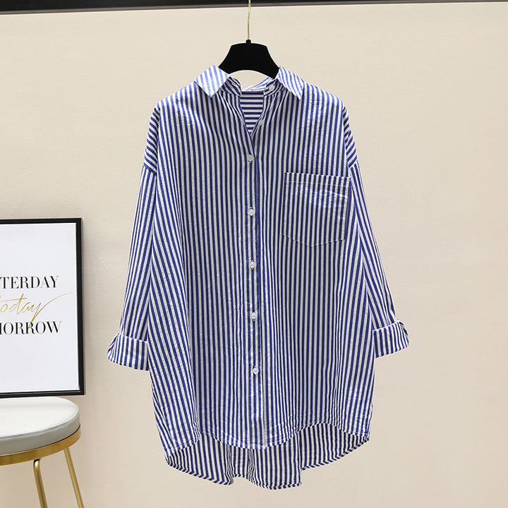 Women's striped oversized longline button-down shirt, relaxed casual fit, perfect for spring and summer style.