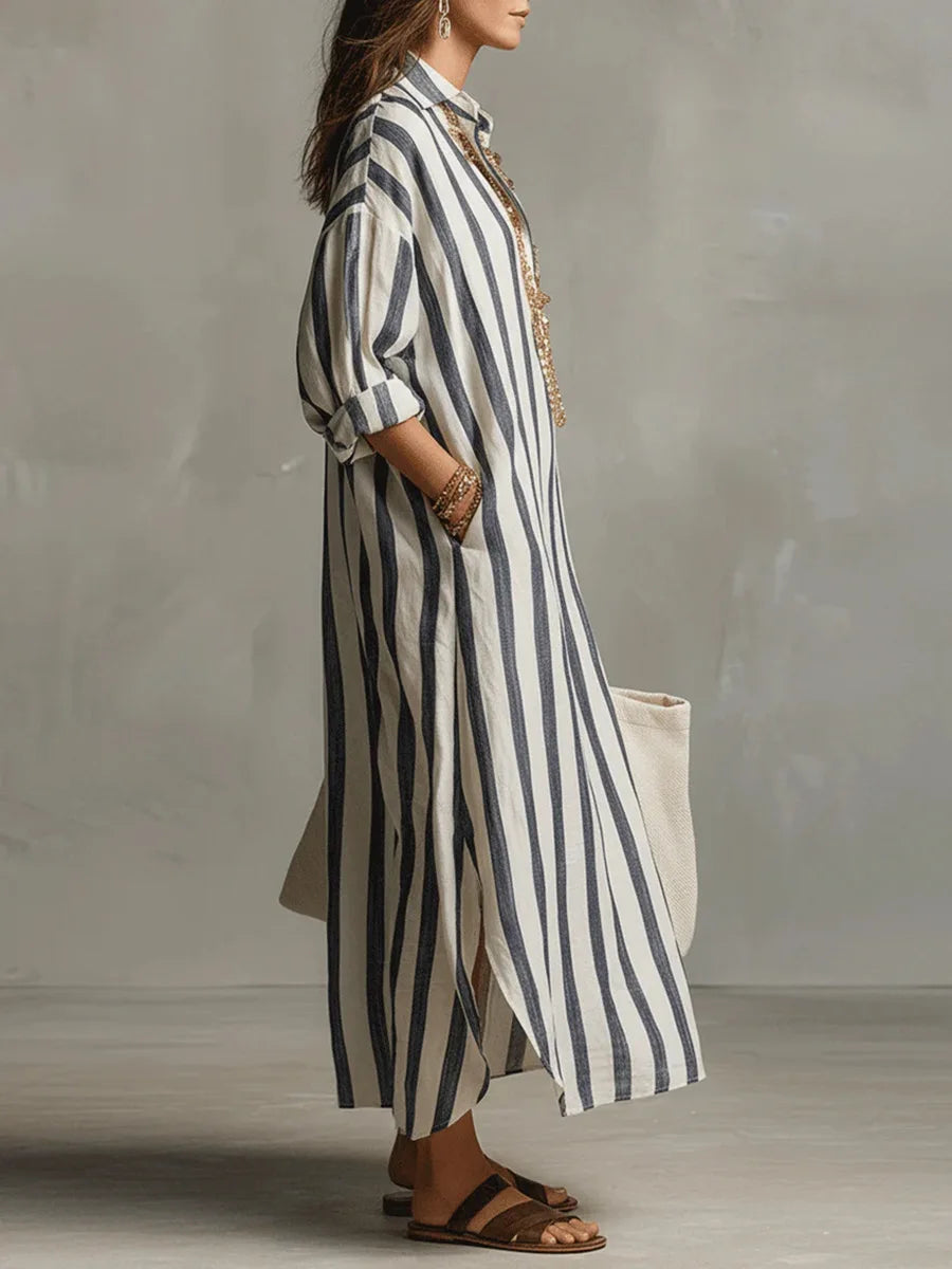 Flowy striped maxi dress for women, perfect for summer resort wear, beach, or vacation.