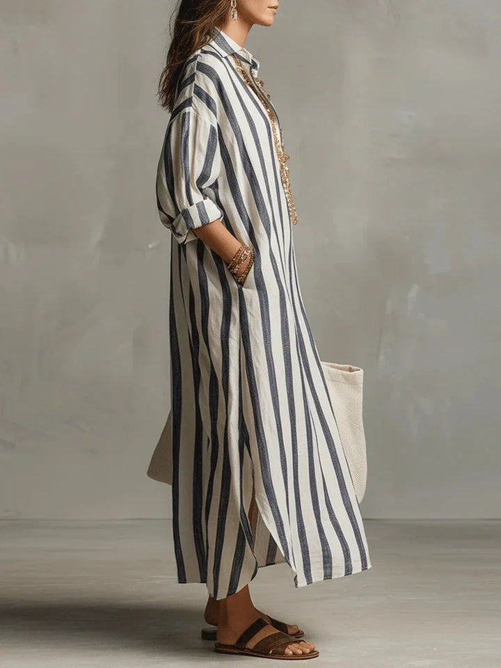 Flowy striped maxi dress for women, perfect for summer resort wear, beach, or vacation.