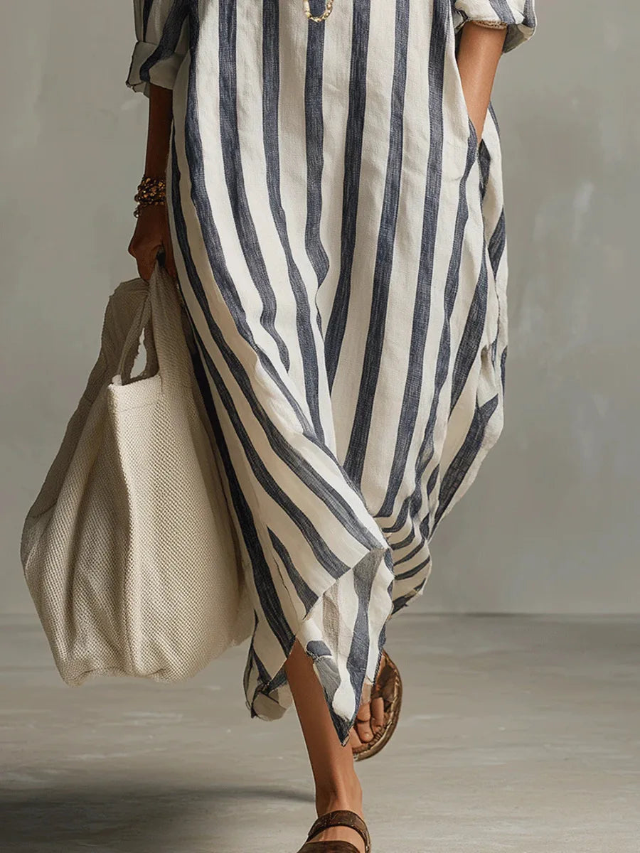 Women's striped oversized maxi shirt dress, an effortless style for casual and summer fashion.