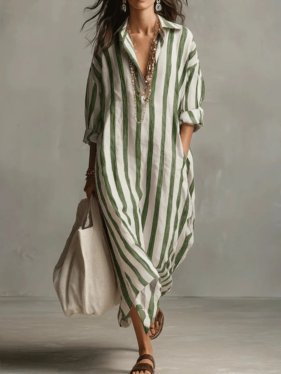 Long striped maxi dress for women, a flowy and comfortable vacation outfit or resort wear.
