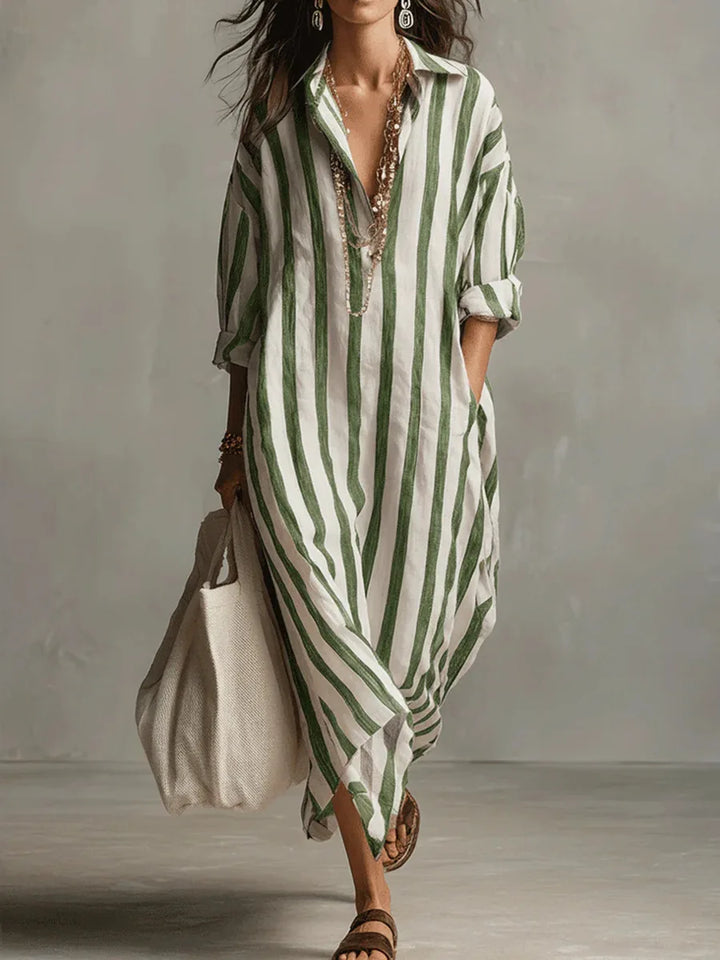 Long striped maxi dress for women, a flowy and comfortable vacation outfit or resort wear.