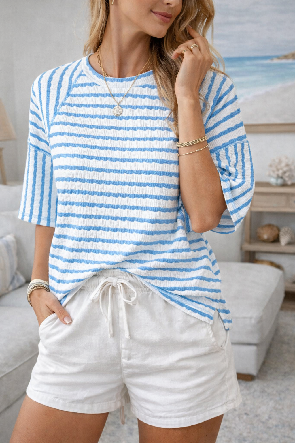 Versatile women's striped tee, a relaxed fit short sleeve top perfect for spring casual wear or everyday basic.