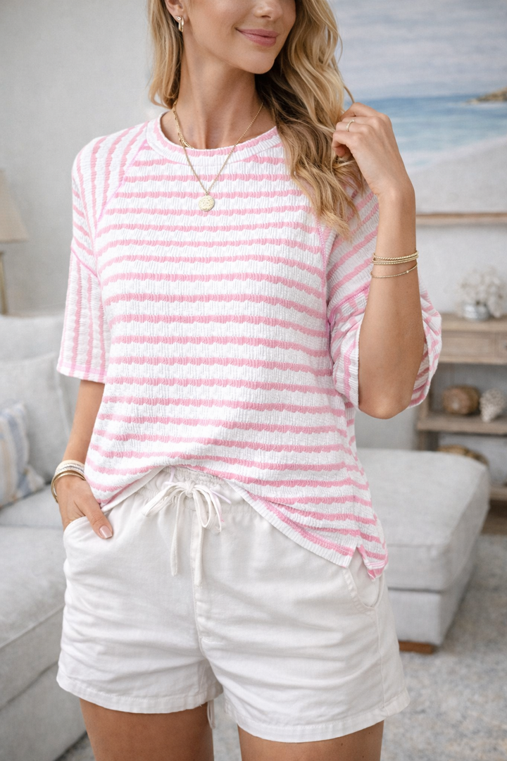 Comfortable women's striped short sleeve t-shirt with a relaxed fit. Ideal for spring/summer fashion and casual wear.