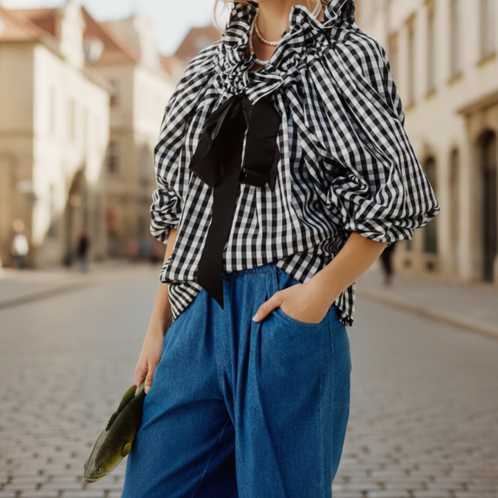 Elegant women's striped blouse featuring a sophisticated bow tie, ruffle details, and comfortable long sleeves.