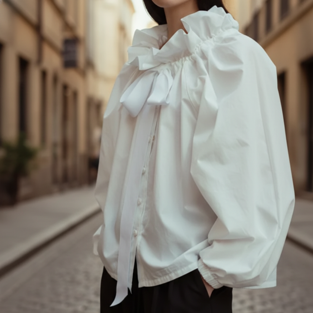 Formal women's striped blouse with a chic bow tie, delicate ruffles, and elegant long sleeves for office fashion.