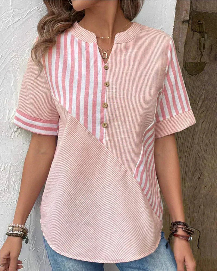 Simple yet chic women's striped short sleeve blouse, great for casual elegance and everyday wear.