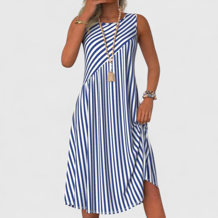 Women's striped sleeveless midi dress with a-line cut, perfect for summer casual outings or beach vacations.