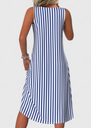 Comfortable women's round neck striped midi dress, sleeveless with pockets, ideal for everyday summer and vacation.