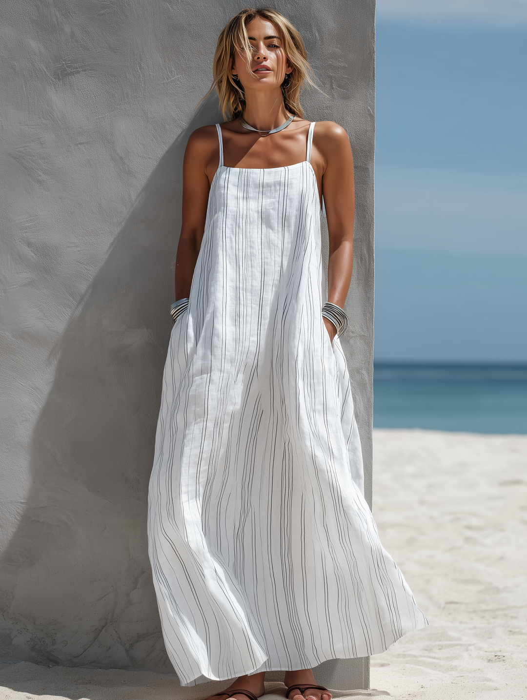 Comfortable women's striped spaghetti strap beach maxi dress with square neck. Great for summer vacation & casual outings.