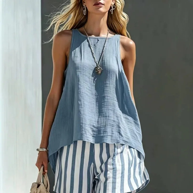 Women's striped tank top and matching shorts summer set, perfect for casual wear or vacation.