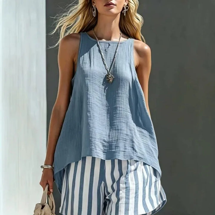 Women's striped tank top and matching shorts summer set, perfect for casual wear or vacation.