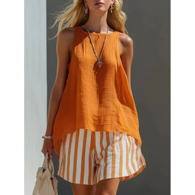 Relaxed fit women's two-piece striped tank top and shorts set, ideal for comfortable summer fashion.