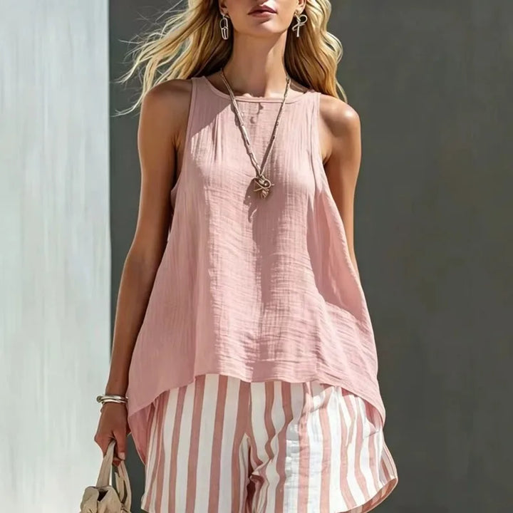 Close-up of a women's sleeveless striped tank top, part of a comfy summer two-piece casual set.