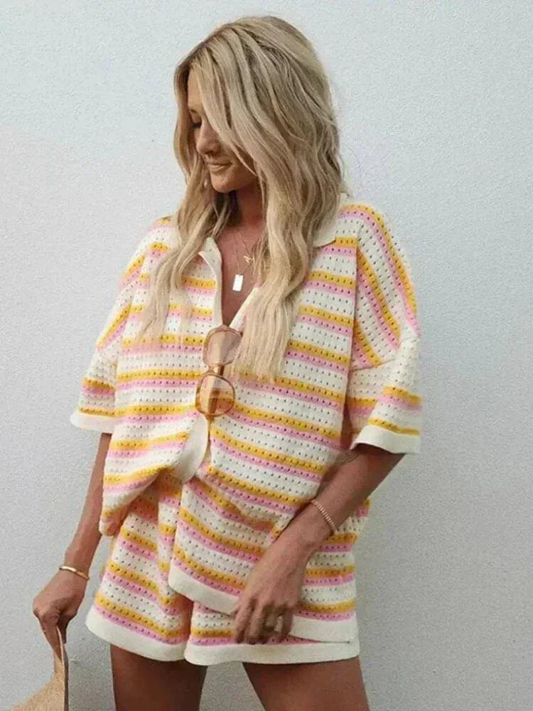 Women's striped two-piece short set, casual & comfortable loungewear. Relaxed fit button-up top & elastic waist shorts.