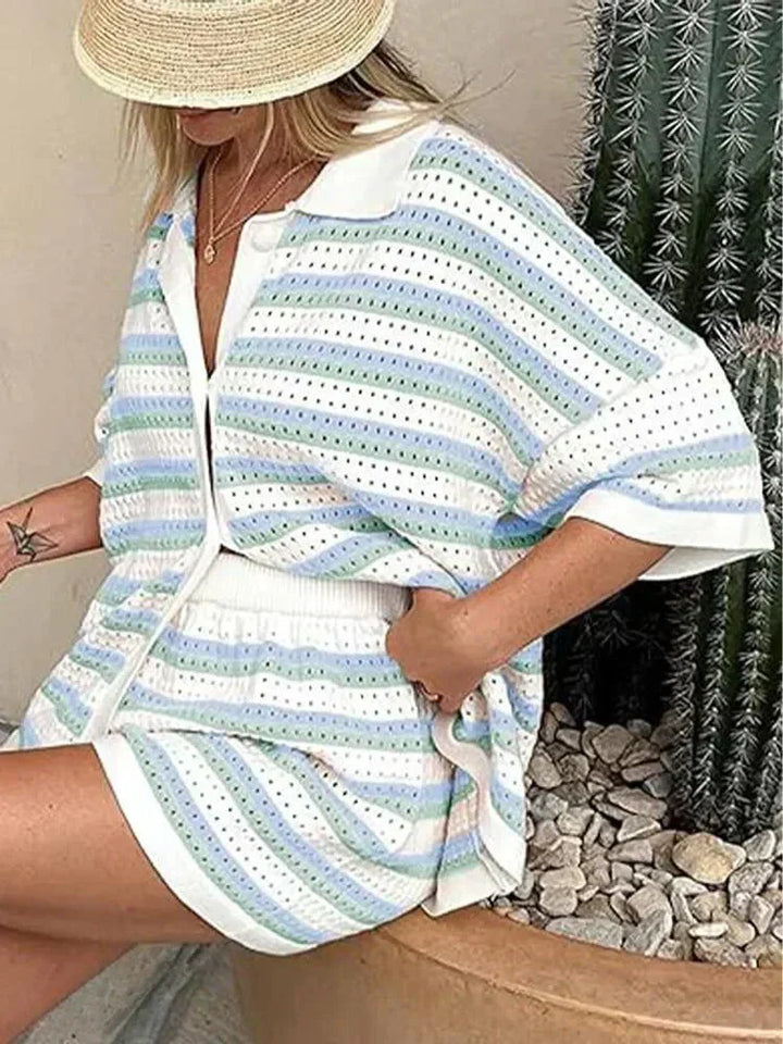 Stylish women's striped two-piece short set, perfect casual summer outfit. Comfortable button-up top & elastic waist shorts.