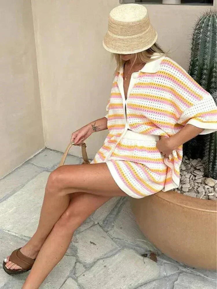 Comfortable women's striped two-piece loungewear set. Relaxed fit shorts & button-up top, ideal for casual summer style.
