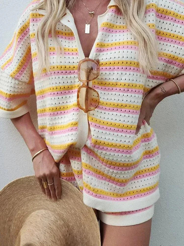 Versatile women's striped two-piece short set. Casual loungewear with a comfortable button-up top and elastic waist shorts.