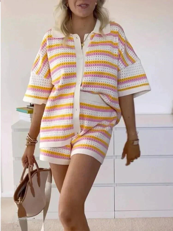 Casual women's striped two-piece shorts set. Comfortable summer loungewear with a relaxed fit button-up top and elastic waist.