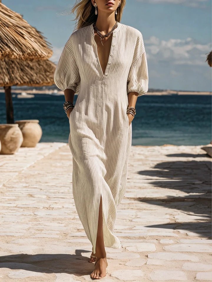 Women's striped V-neck puff sleeve maxi dress with side split, perfect for summer casual wear.