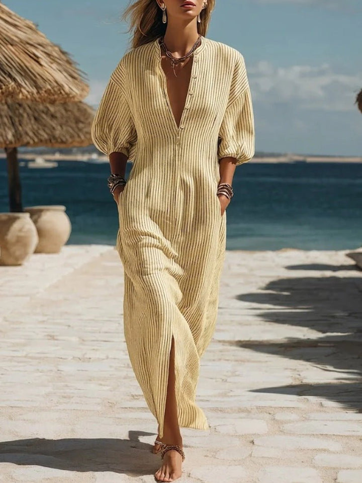 Breezy striped V-neck button-down maxi dress, women's puff sleeves, side split. Ideal for vacation and summer.