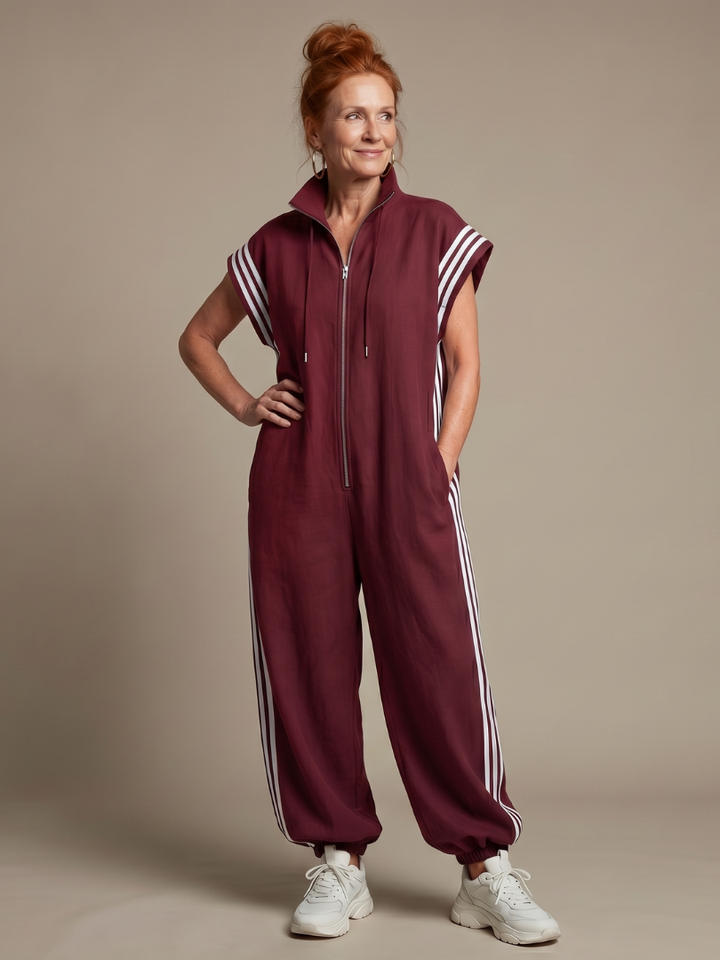 Women's striped zip front jumpsuit, elegant & comfortable for casual fashion.