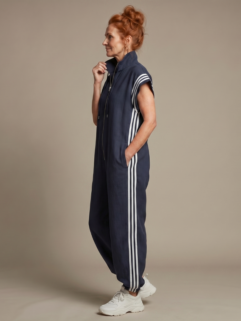 Comfortable women's striped jumpsuit, elegant casual wear with zip front.
