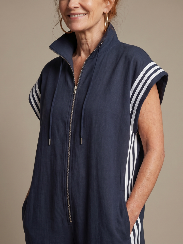 Everyday women's striped jumpsuit, zip front design, wide sleeves & relaxed fit.