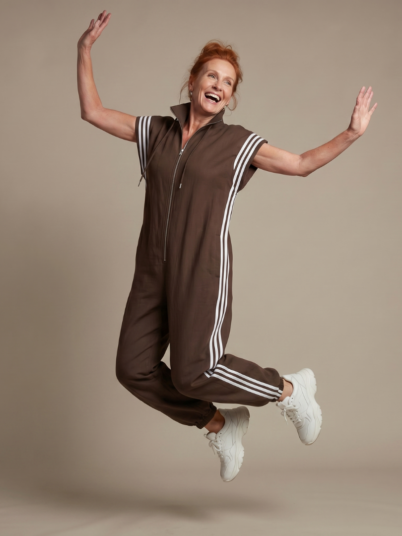 Wide sleeve striped jumpsuit, women's casual elegant zip front one piece.