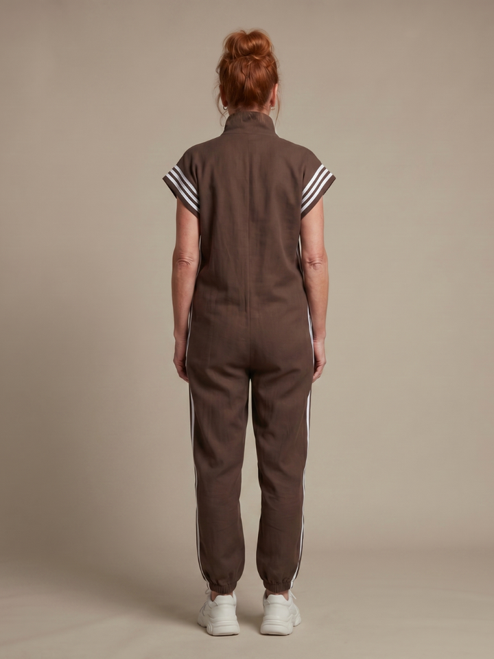 Casual striped women's jumpsuit, comfortable wide sleeve & zip front style.