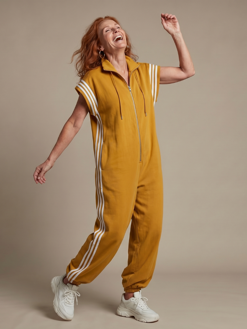 Elegant women's jumpsuit with stripes & zip front, versatile for day or evening wear.