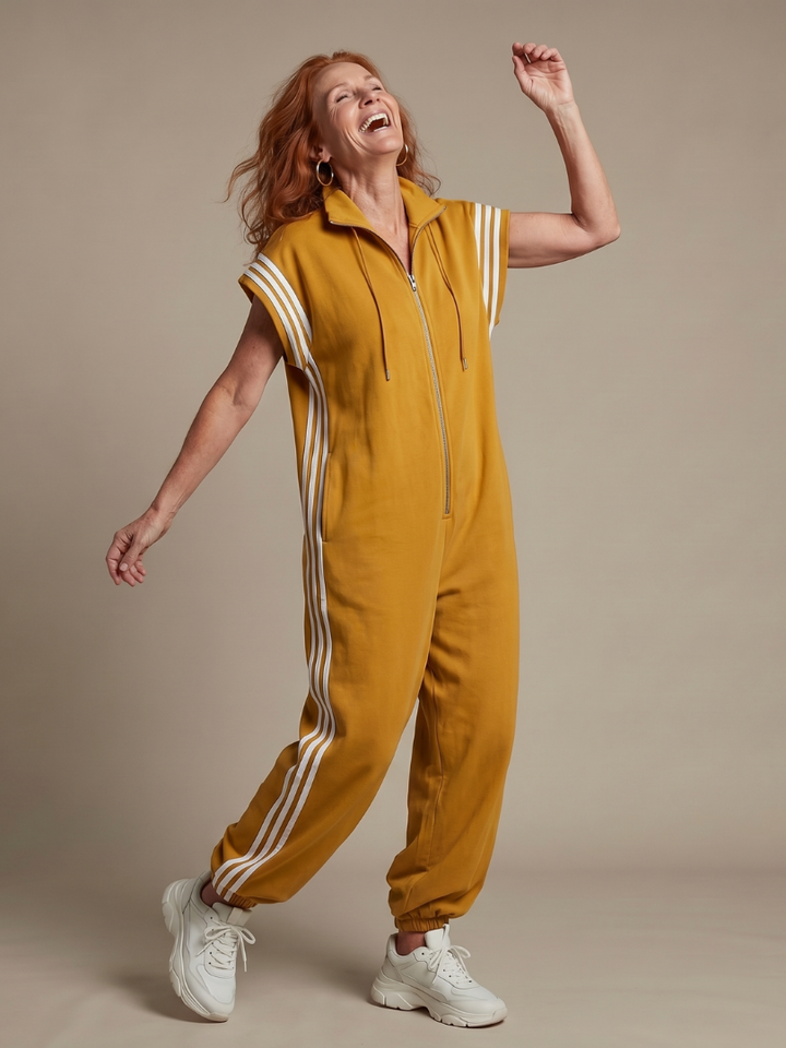 Elegant women's jumpsuit with stripes & zip front, versatile for day or evening wear.