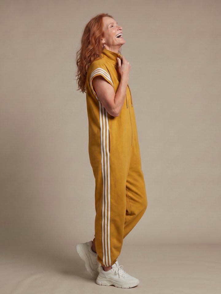 Fashionable striped zip-front jumpsuit, comfortable relaxed fit & wide sleeves.