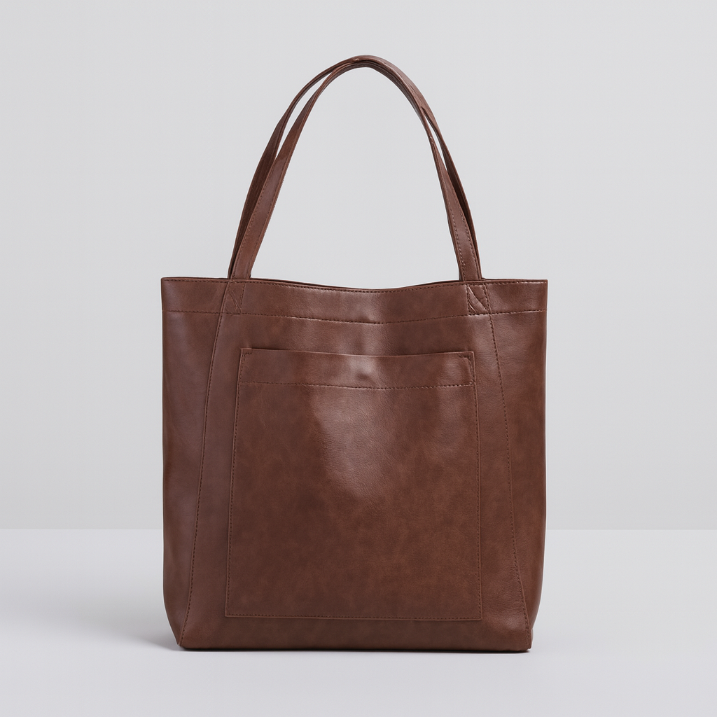 Elegant coffee structured women's tote handbag with practical exterior pocket. Perfect everyday work fashion accessory.