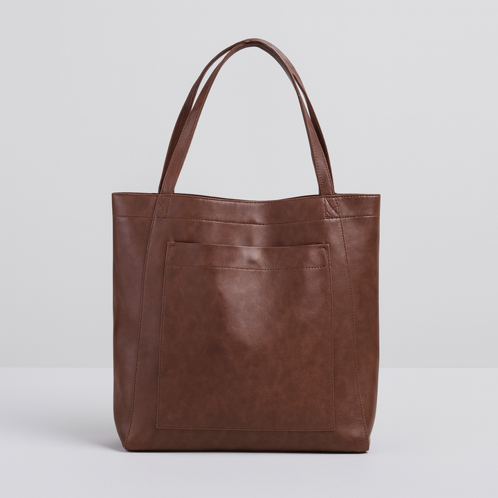 Elegant coffee structured women's tote handbag with practical exterior pocket. Perfect everyday work fashion accessory.