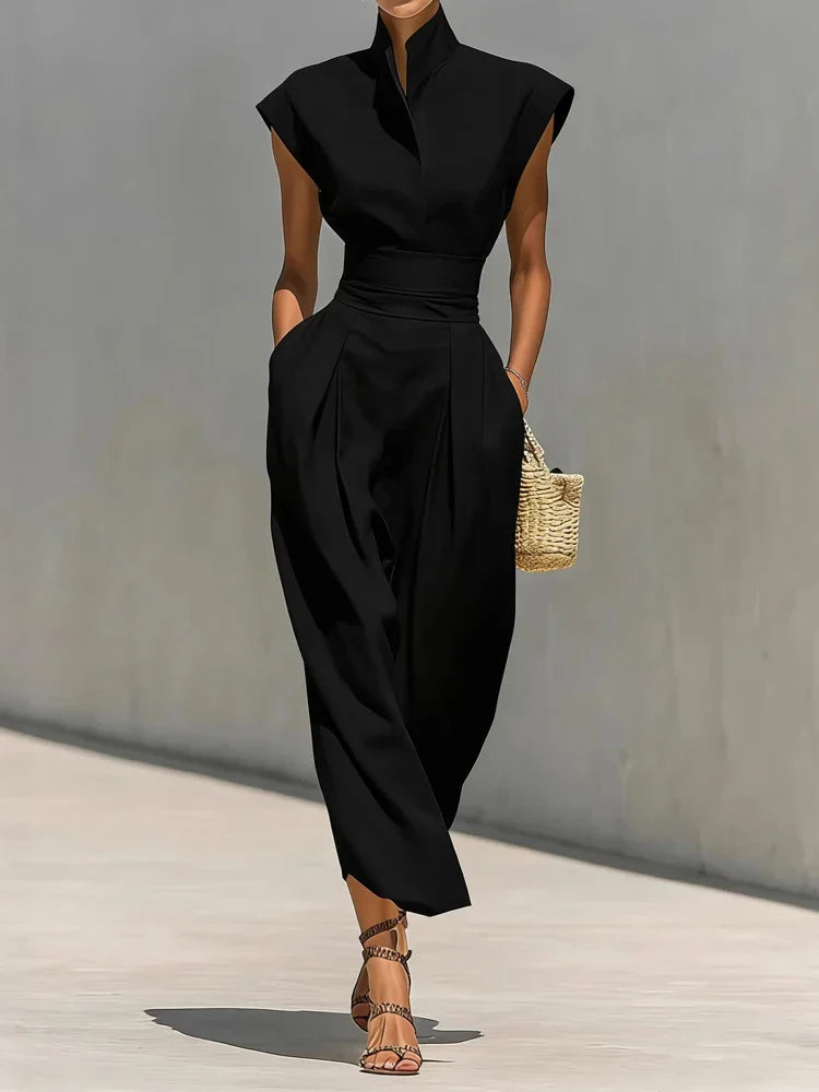 Flattering women's midi dress with a structured fit, cinched waist, and practical hidden pockets.