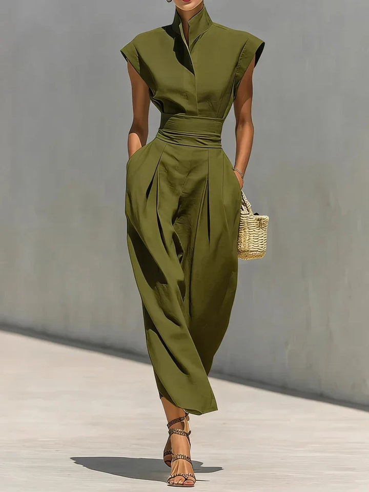 Elegant women's structured midi dress featuring a cinched waist, stand collar, and flattering silhouette.