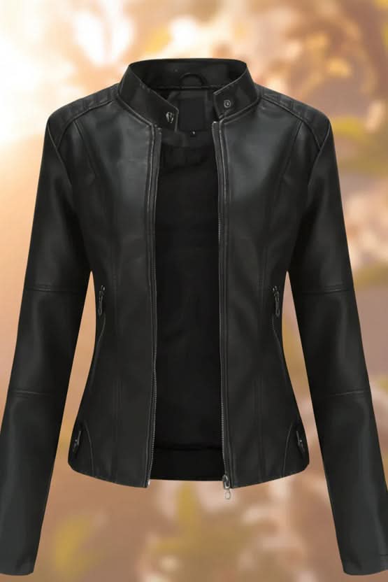 Women's structured tailored black leather jacket for a chic, modern and sophisticated outerwear look.