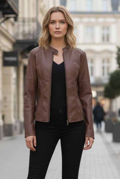 Elegant women's tailored leather jacket, a versatile fashion coat for sophisticated layering and chic attire.